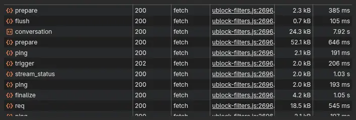 The conversation request stays open for ~8 seconds while every other request finishes in milliseconds