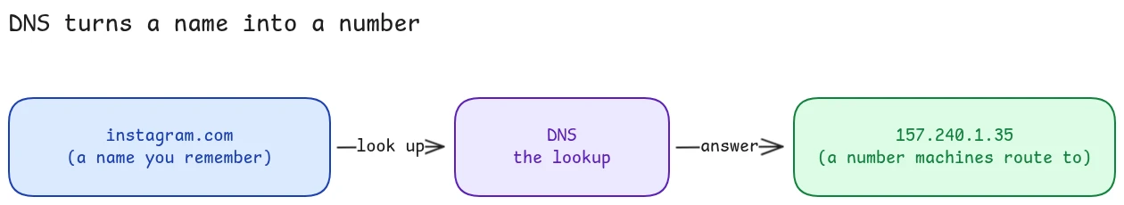 DNS takes a name like instagram.com and returns the IP address 157.240.1.35